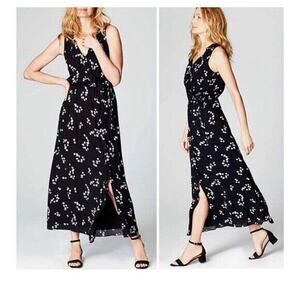 J.Jill Maxi Dress Women's Size Small Long Ruffled Trim Floral Daisy Print Black